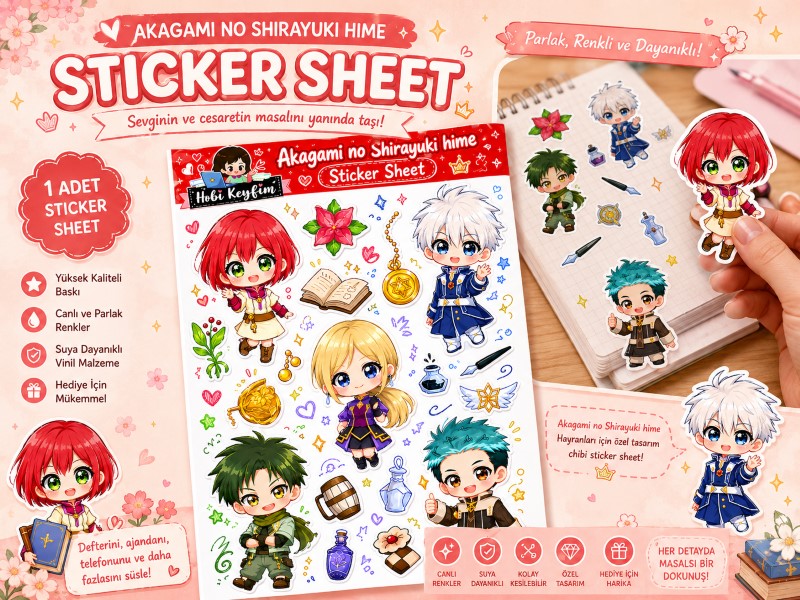 Akagami no Shirayuki-hime Sticker Sheet | Chibi Anime Vinyl Sticker Seti | Hobi Keyfim
