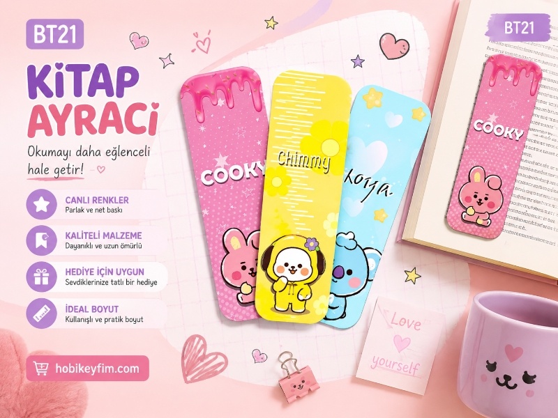 BT21 Kawaii Kitap Ayracı – Cooky, Chimmy & Koya | Sevimli Kitap Ayracı