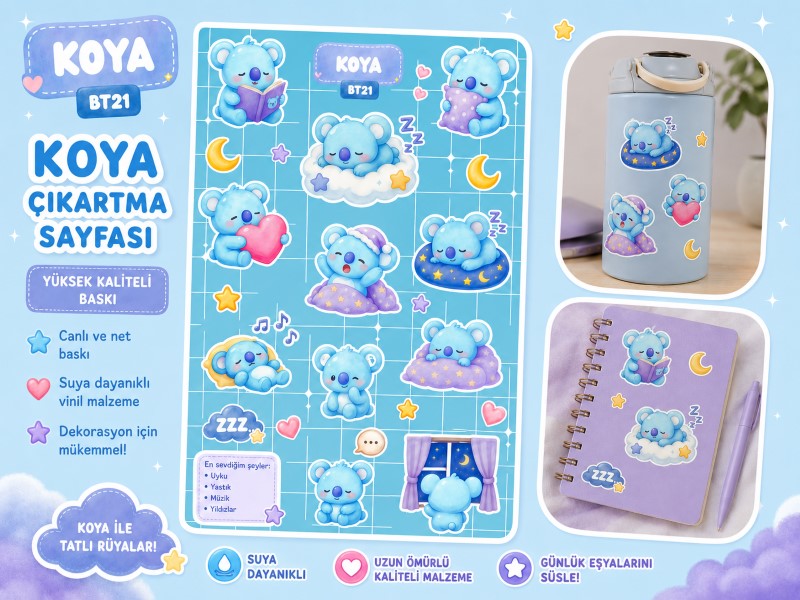 BT21 KOYA Uyku Temalı Sticker Sheet – Kawaii Planner & Laptop Çıkartmaları