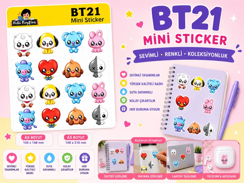 BT21 Mini Sticker Seti | Chibi Kawaii Karakter Sticker Sayfası | Hobi Keyfim