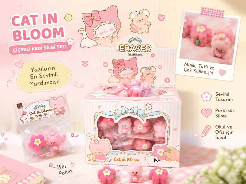 Cat in Bloom Çiçekli Kedi Silgi Seti – 3’lü Kawaii Sevimli Silgi