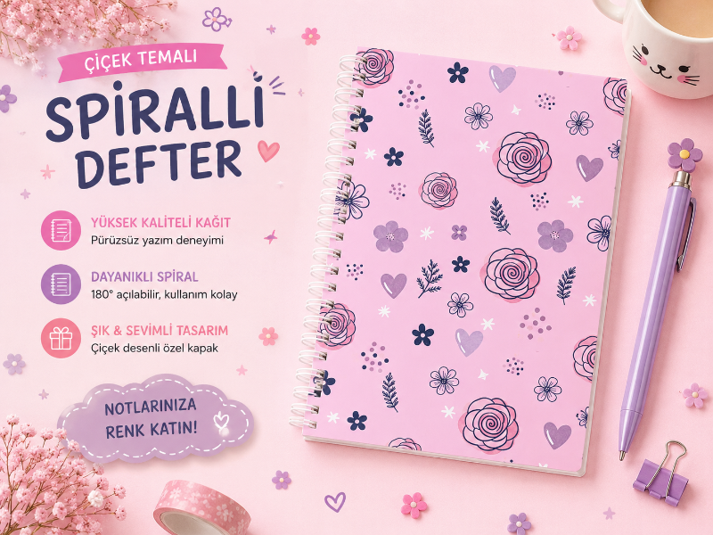 Çiçek Desenli Spiralli Defter - A5 Çizgili Not Defteri - Pastel Çiçek Kapaklı