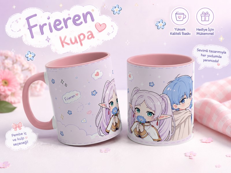 Frieren Kupa – Hobikeyfim Anime Karakterli Pembe Kulplu Seramik Bardak