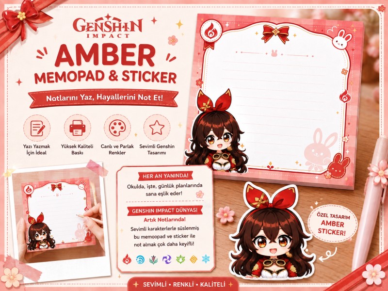 Genshin Impact Amber Memopad & Sticker Seti | Anime Not Kağıdı ve Sticker | Hobi Keyfim