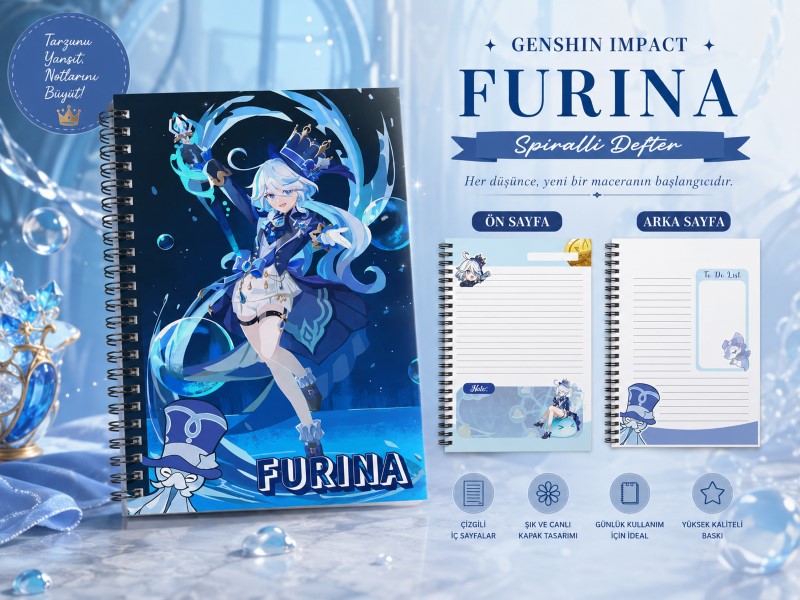 Genshin Impact Furina Spiralli Defter | Anime A5 Çizgili Notebook | Hobi Keyfim