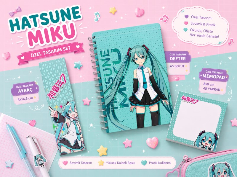 Hatsune Miku Kırtasiye Seti | Anime Defter Memo Pad ve Kitap Ayracı Seti | Hobi Keyfim