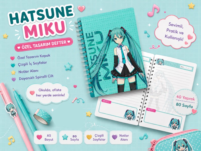 Hatsune Miku Spiralli Defter | Anime A5 Çizgili Defter | Vocaloid Notebook | Hobi Keyfim