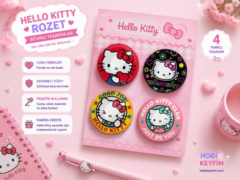 Hello Kitty Rozet - 4 Farklı Kawaii Tasarım - Çanta, Ceket ve Aksesuar Rozeti