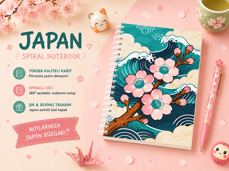 Japon Sakura Spiralli Defter - A5 Sert Kapak  Defter