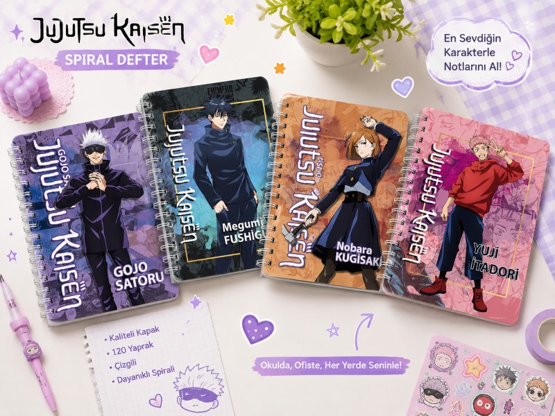 Jujutsu Kaisen Spiralli Defter | Gojo, Yuji, Nobara ve Megumi Tasarımlı Anime Defter | Hobi Keyfim