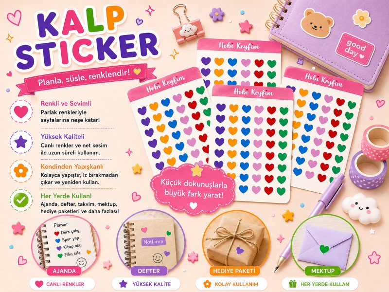 Kalp Sticker Sheet A6 | Planner ve Bullet Journal Kalp Sticker Seti | Hobi Keyfim