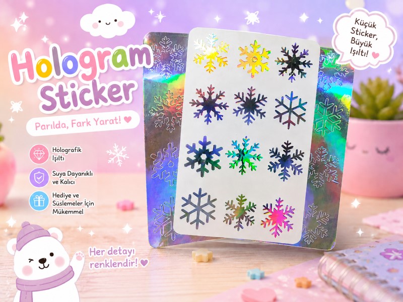 Kar Tanesi Hologram Sticker Seti | Holografik Snowflake Çıkartmalar | Hobi Keyfim
