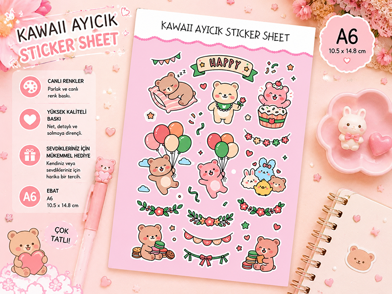 Kawaii Ayıcık Sticker Sheet  - Planner ve Ajanda Sticker Sayfası