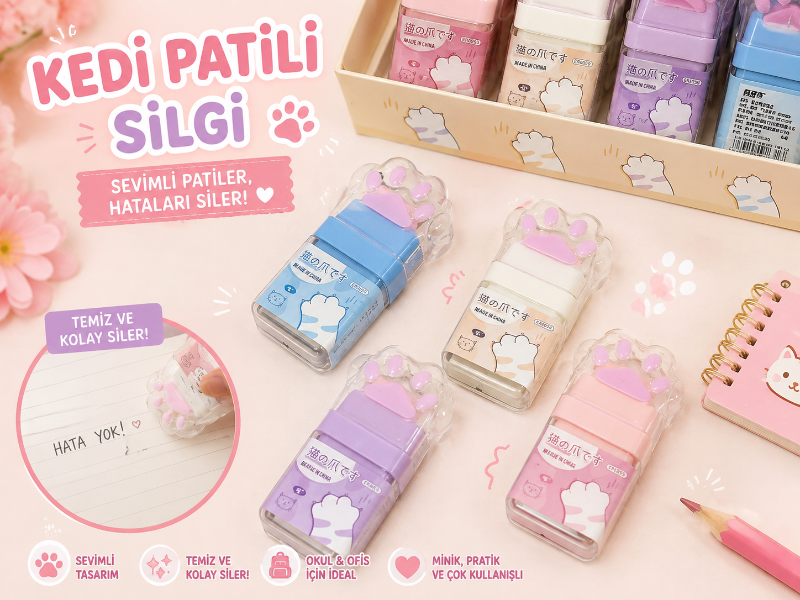 Kedi Patili Silgi – Kawaii Sevimli Kedi Desenli Pratik Silgi
