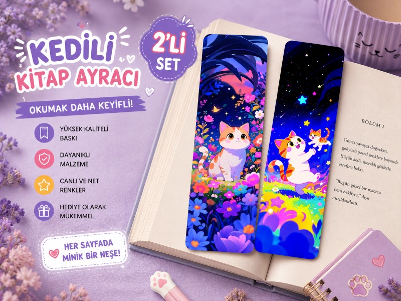 Kedili Kitap Ayracı 2'li Set | Sevimli Kedi Temalı Kitap Ayracı | Hobi Keyfim