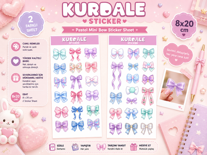 Kurdele Sticker Seti - 2'li Pastel Fiyonk Sticker Sayfası