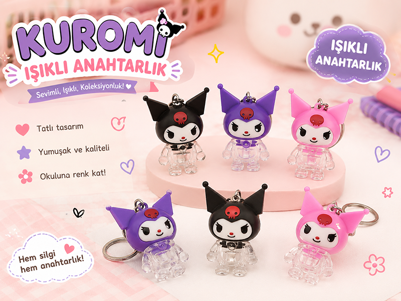 Kuromi Işıklı Anahtarlık – Sevimli Figürlü LED Anahtarlık ve Silgi
