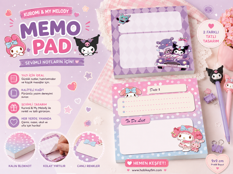 Kuromi & My Melody Memo Pad -  Kawaii Not Kağıdı Seti