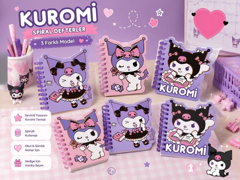 Kuromi Spiral Defter – Kawaii Çizgili Defter Seti