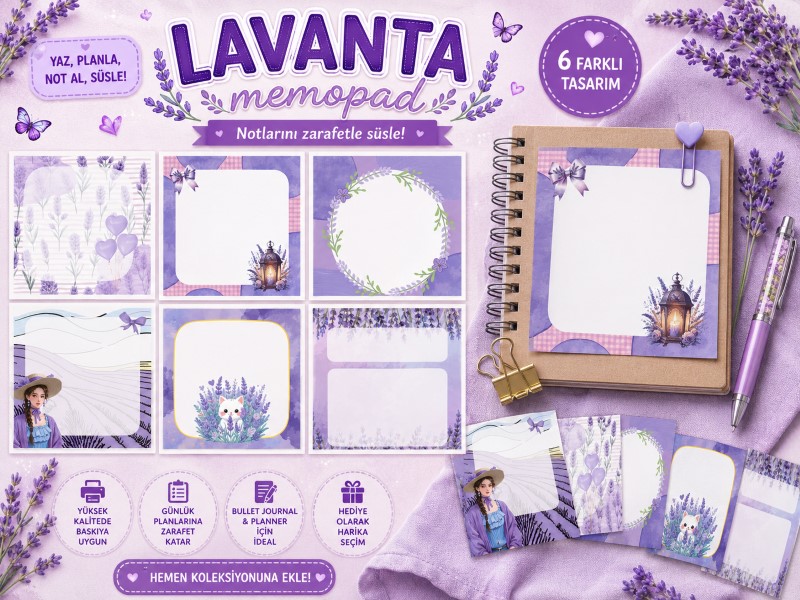 Lavanta Memopad  | 6 Farklı Tasarımlı Kawaii Not Kağıdı Seti | Hobi Keyfim
