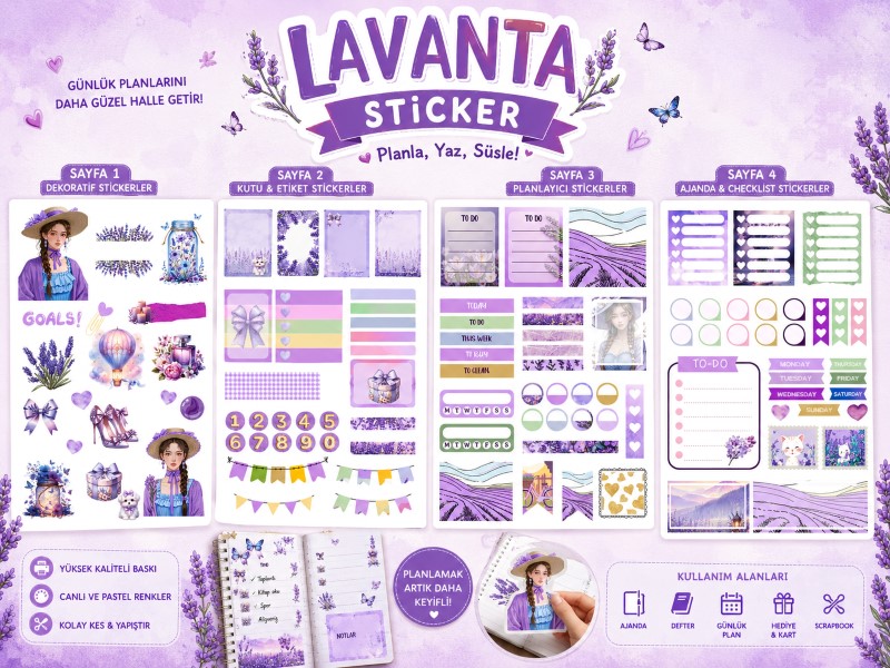 Lavanta Planner Sticker Seti | Mor Temalı Kawaii Planner Sticker Kit | Hobi Keyfim