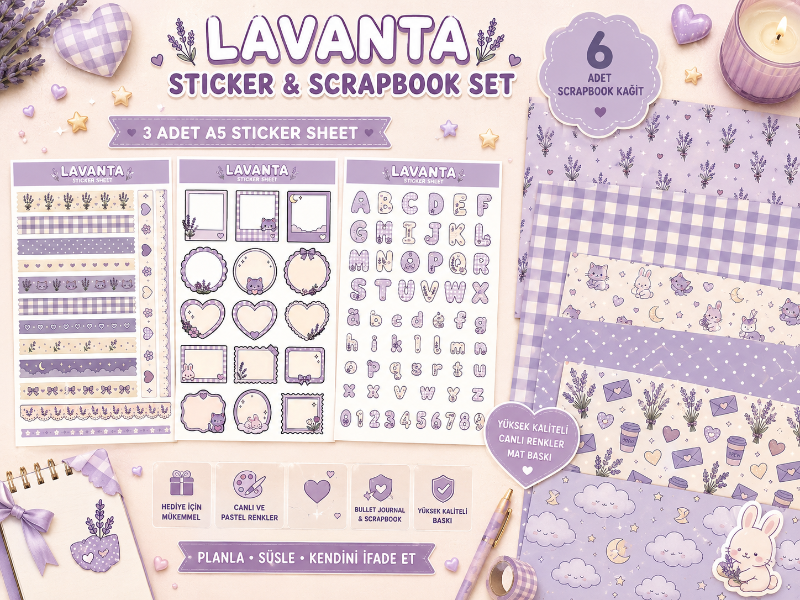 Lavanta Temalı Sticker ve Scrapbook Seti