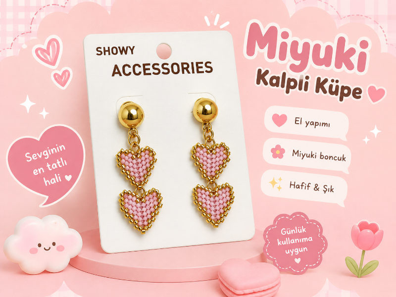 Miyuki Kalpli Küpe – El Yapımı Pembe Kalp Boncuklu Şık Küpe