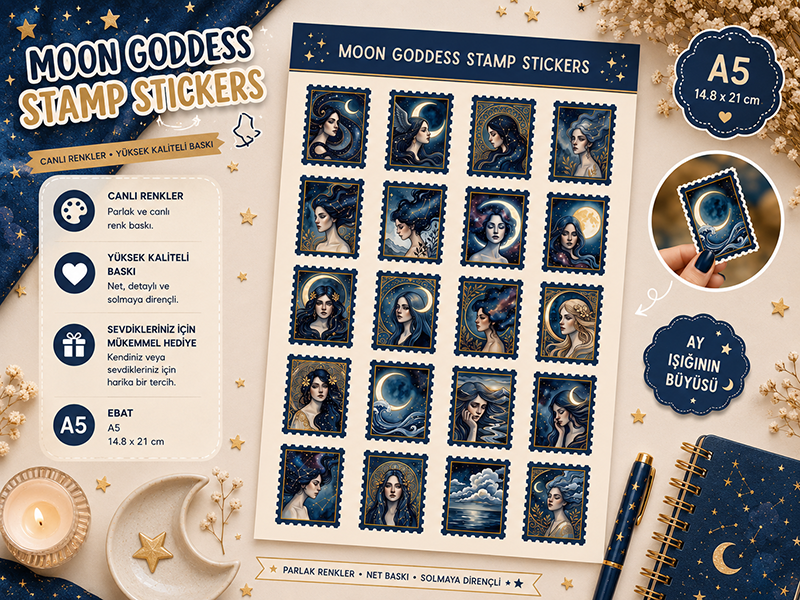 Moon Goddess Pul Sticker Seti - A5 Vintage Sticker Sayfası