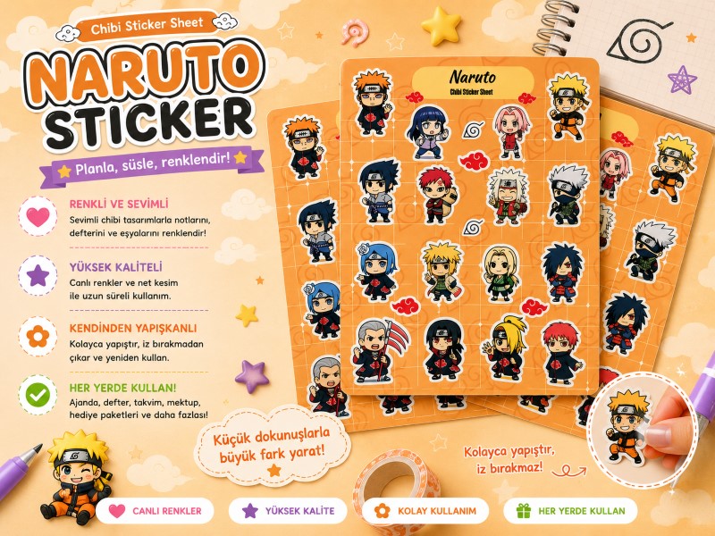 Naruto Chibi Sticker Sheet  | Anime Sticker Seti | Planner ve Defter Sticker | Hobi Keyfim