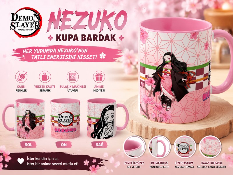 Nezuko Anime Kupa Bardak | Demon Slayer Seramik Kupa | Pembe Tasarım