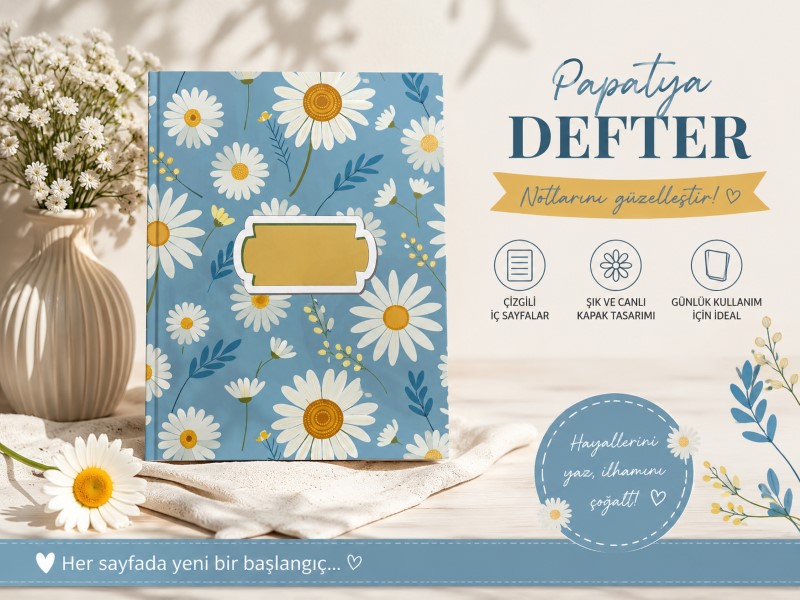 Papatya Desenli Defter | Çizgili Günlük ve Not Defteri | Floral Notebook | Hobi Keyfim