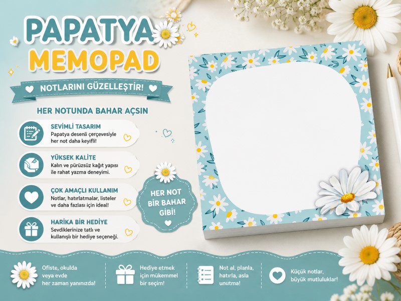 Papatya Memo Pad | Çiçek Desenli Not Kağıdı | Kawaii Kırtasiye Ürünü