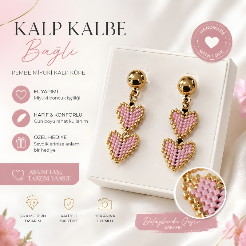 Pembe Miyuki Kalp Küpe  El Yapımı Boncuk İşlemeli
