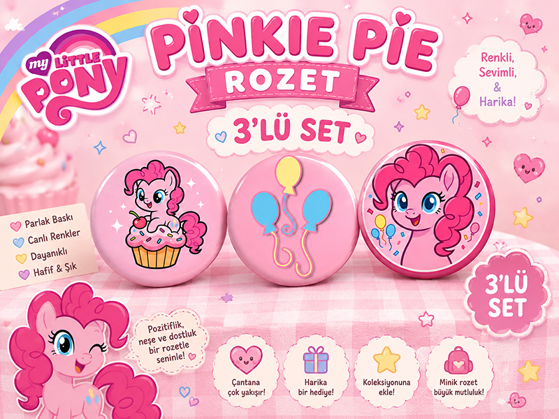 Pinkie Pie Rozet Seti 3'lü – My Little Pony Sevimli Buton Rozet