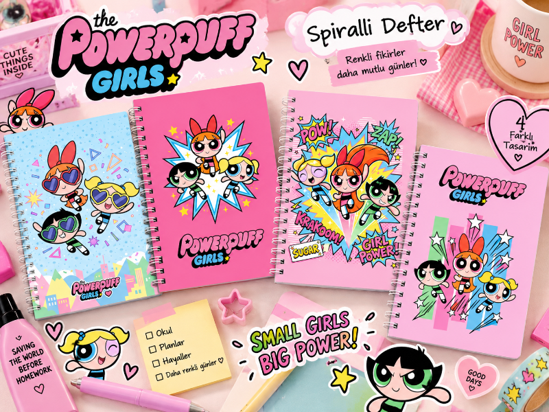 Powerpuff Girls Spiral Defter – Sevimli Karakterli Çizgili Not Defteri