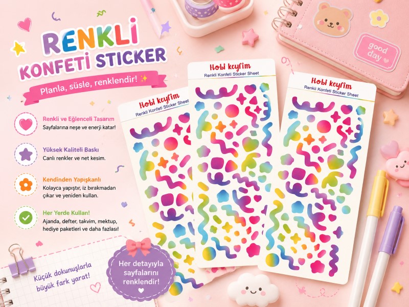 Renkli Konfeti Sticker Sheet | Kawaii Planner ve Journal Sticker