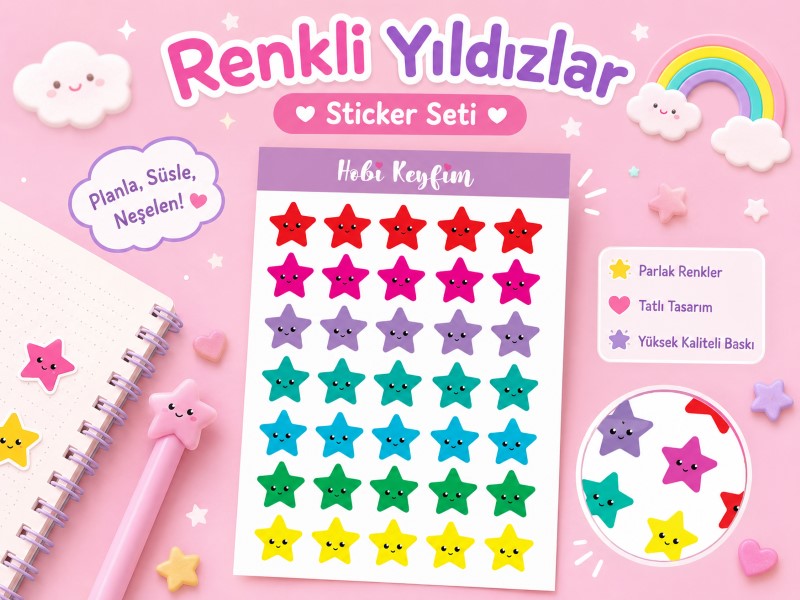 Renkli Yıldızlar Sticker Seti | Kawaii Mini Yıldız Sticker Sheet | Planner ve Ajanda Stickerları | Hobi Keyfim