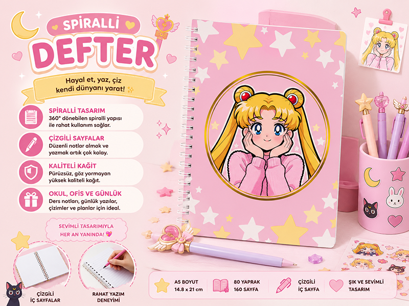 Sailor Moon Spiralli Defter - A5 Anime Not Defteri - Spiral Defter
