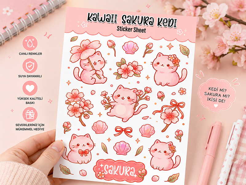 Sakura Kedi Sticker - Kawaii Sticker Sayfası