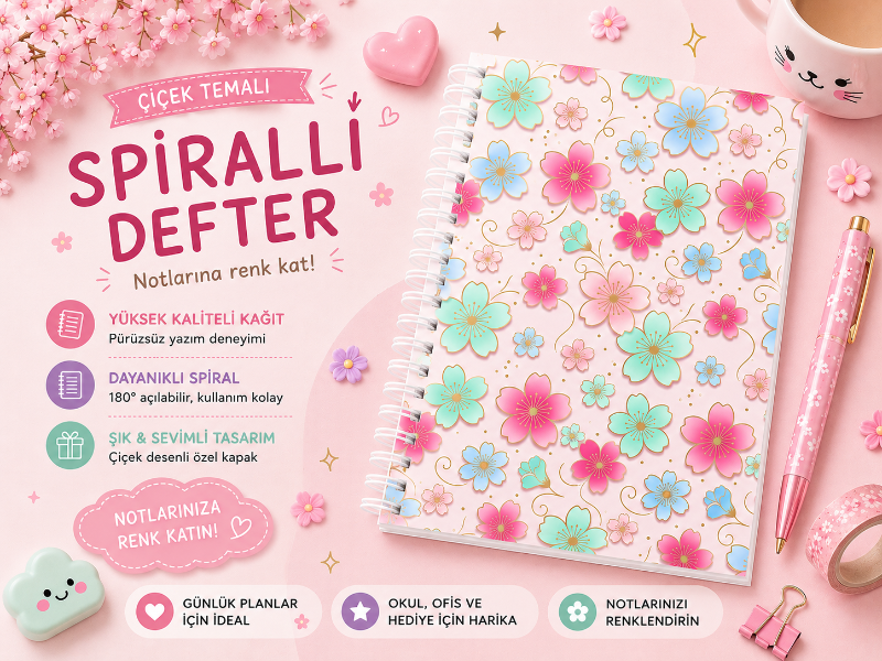 Sakura Spiralli Defter -  A5 Çizgili Not Defteri -  Japon Kiraz Çiçeği Tasarımı