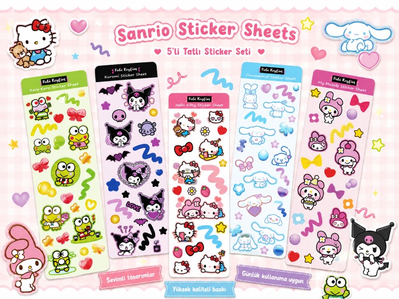 Sanrio Sticker Sheets Seti | Hello Kitty, Kuromi, My Melody, Cinnamoroll ve Keroppi Stickerları