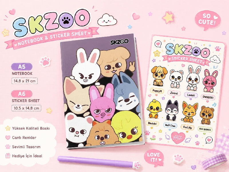 SKZOO Defter ve Sticker Sheet Seti – A5 Defter & A6 K-Pop Sticker
