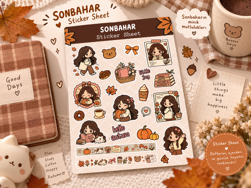Sonbahar Sticker Sheet – Kawaii Autumn Temalı Sevimli Sticker Sayfası
