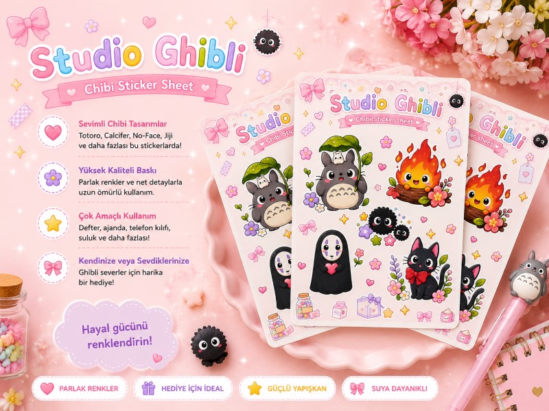Studio Ghibli Chibi Sticker Sheet A6 | Totoro, No-Face, Jiji Sticker Seti | Hobi Keyfim