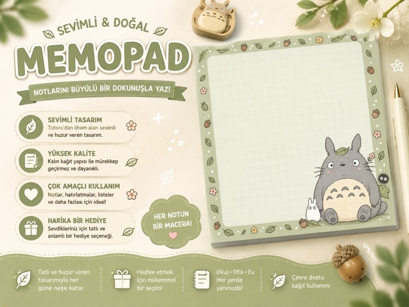 Totoro Memo Pad | Doğa Temalı Anime Not Kağıdı | Kawaii Kırtasiye