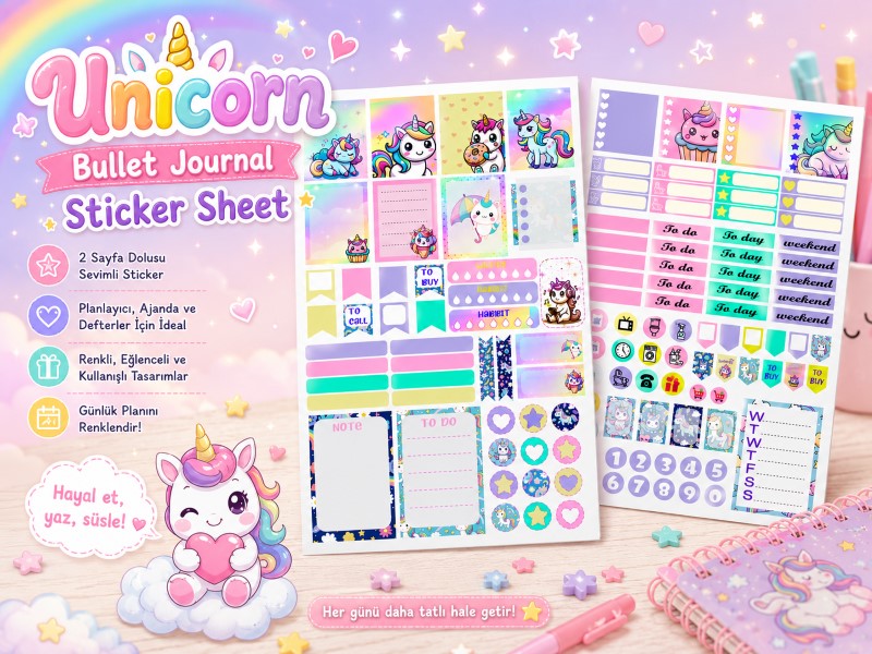 Unicorn Bullet Journal Sticker Sheet | Kawaii Planner Sticker Seti | Unicorn Ajanda Stickerları | Hobi Keyfim