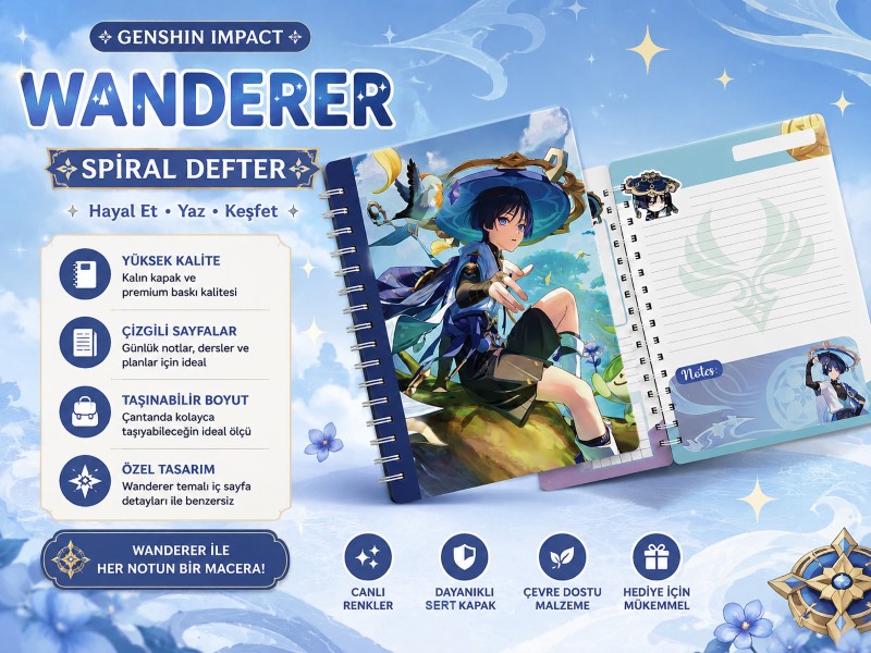 Wanderer Anime Defter | Spiralli Not Defteri | Genshin Esintili Tasarım