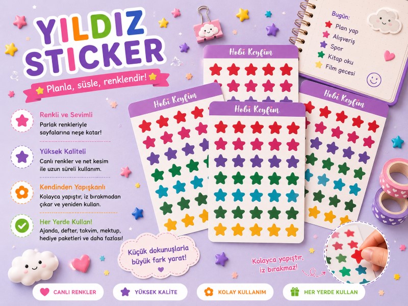 Yıldız Sticker Sheet A6 | Renkli Planner ve Bullet Journal Sticker | Hobi Keyfim